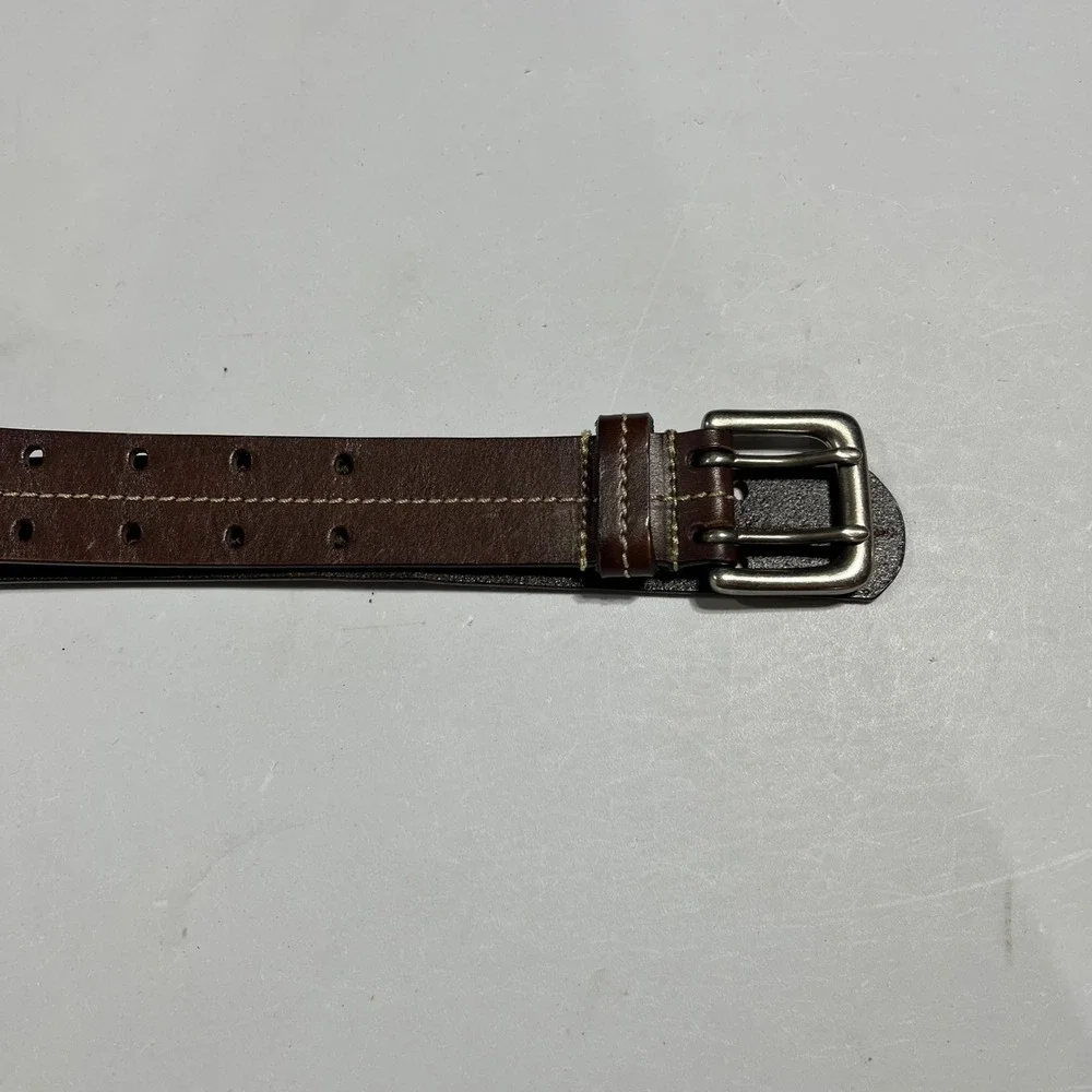Mens‎ Brown Genuine Leather Double Prong Belt Contrast Stitch Medium Old Money